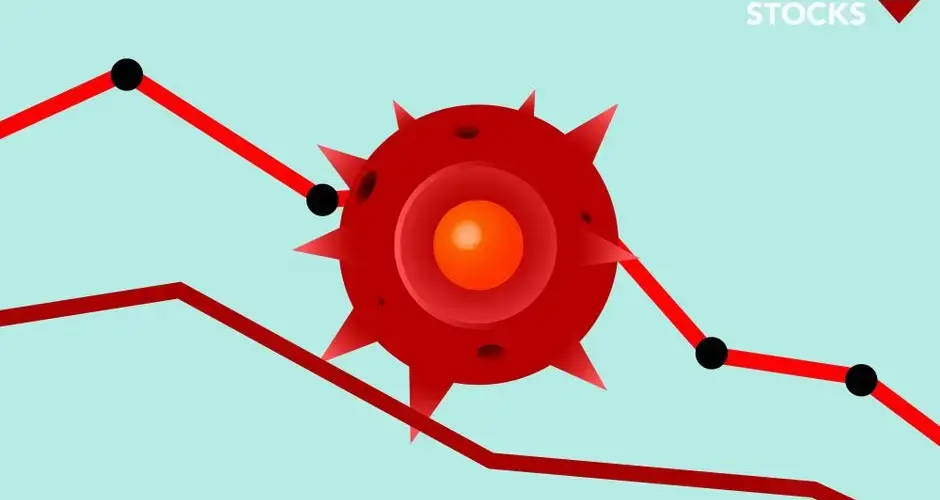 Vector image of red Covid virus against decreasing line graph on blue background