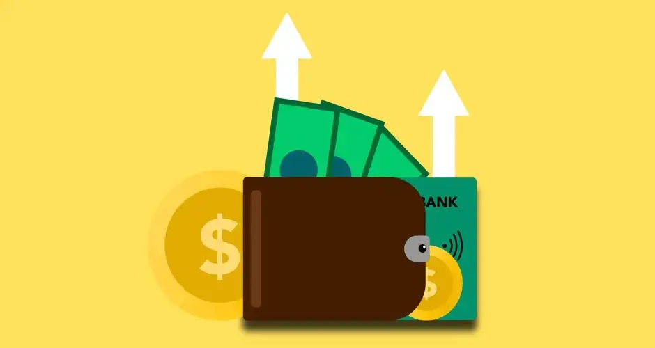 Illustration of wallet with money banknotes coins and bank card in wallet with arrows up showing income growth on yellow background