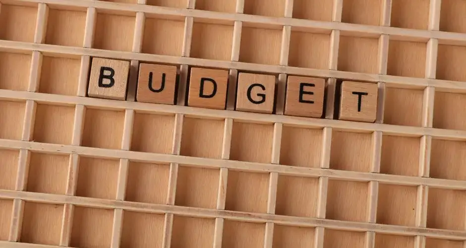 Wooden Scrabble tiles spelling 'budget' on a textured wooden grid, symbolizing financial planning.