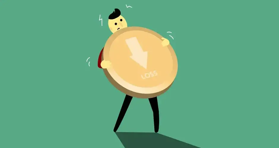 Illustration of a cartoon character struggling with a large coin symbolizing financial loss.