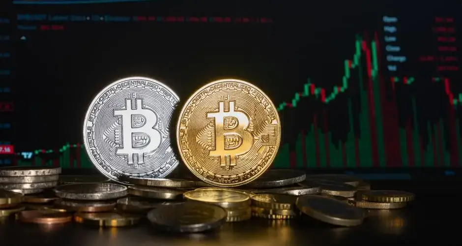 Golden and silver Bitcoin coins against a financial graph display, highlighting cryptocurrency investment trends.