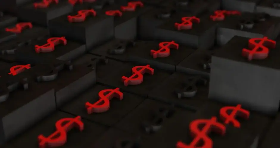 Abstract depiction of red dollar symbols on dark cubes, symbolizing financial concepts.