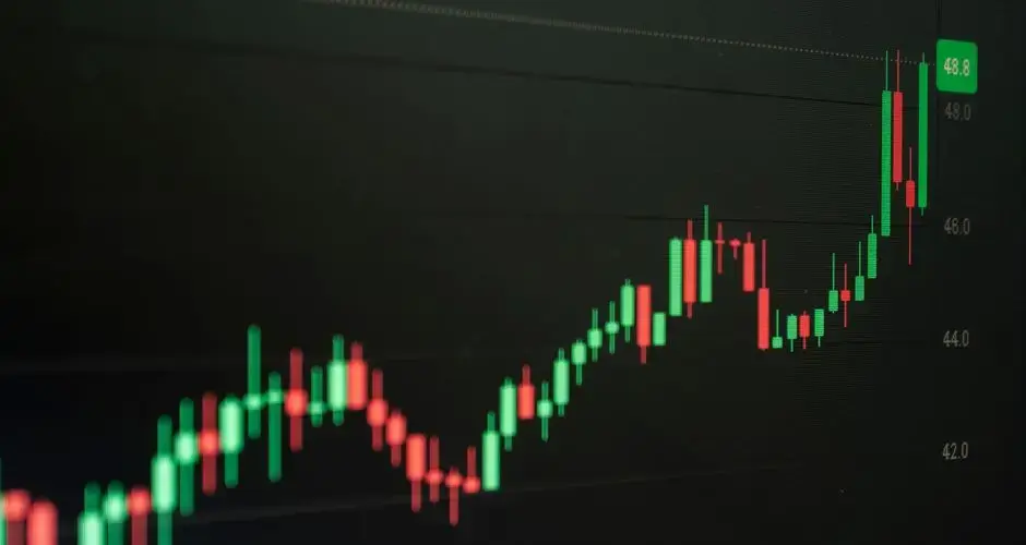 Close-up of a digital candlestick chart indicating bullish market trends in trading.