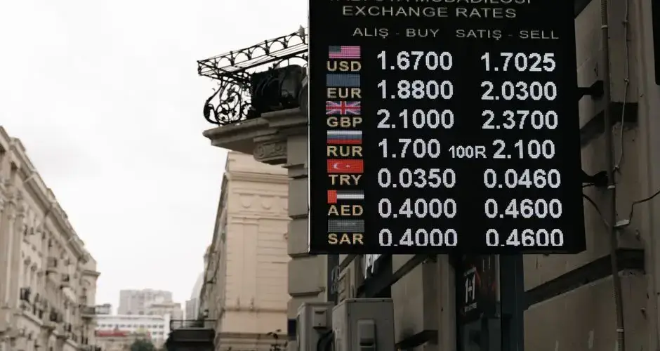 Currency exchange rates sign on a street in Baku, Azerbaijan.