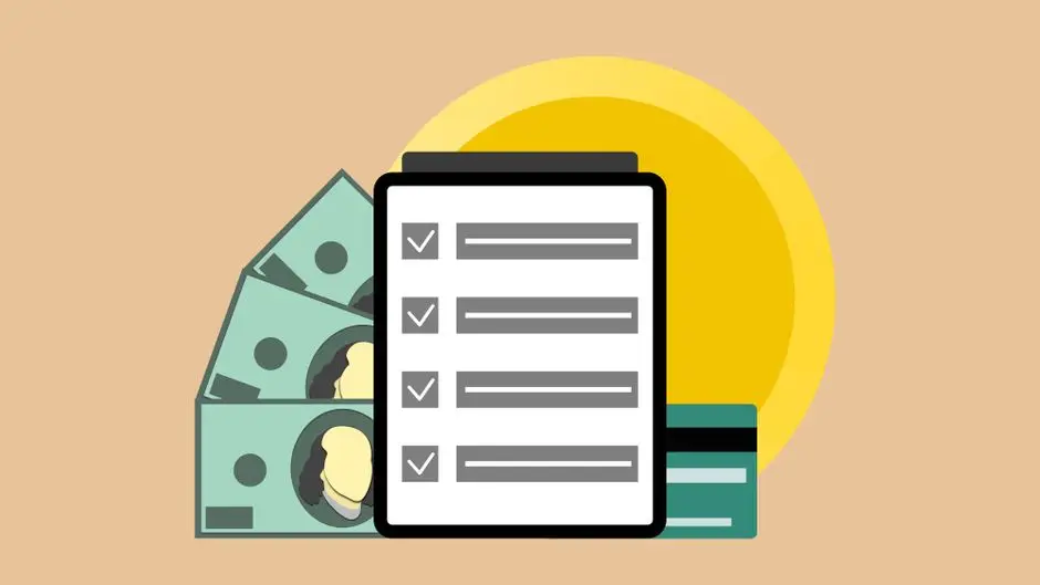 Vector illustration of modern tablet with check marks placed near dollar banknotes and credit card
