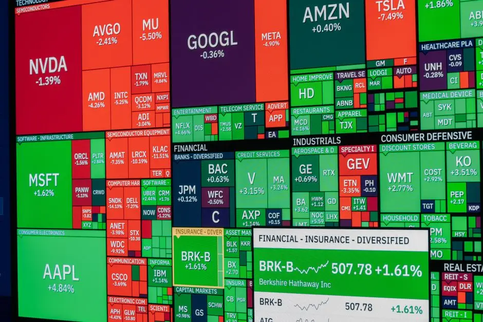 Vibrant stock market heat map displaying various company performances on a monitor.