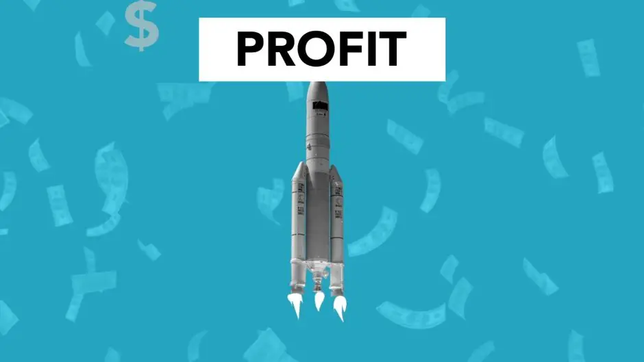 Creative illustration representing economic profit concept with flying rocket among falling dollar cash