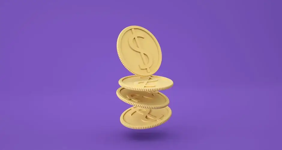 A 3D rendering of golden coins stacked with a purple background, representing finance and wealth.