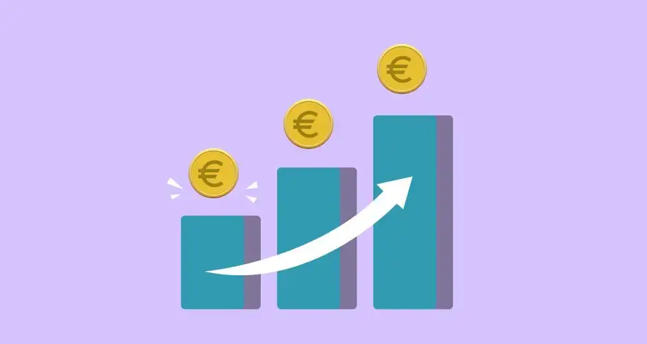 Vector illustration of income growth chart with arrow and euro coins against purple background