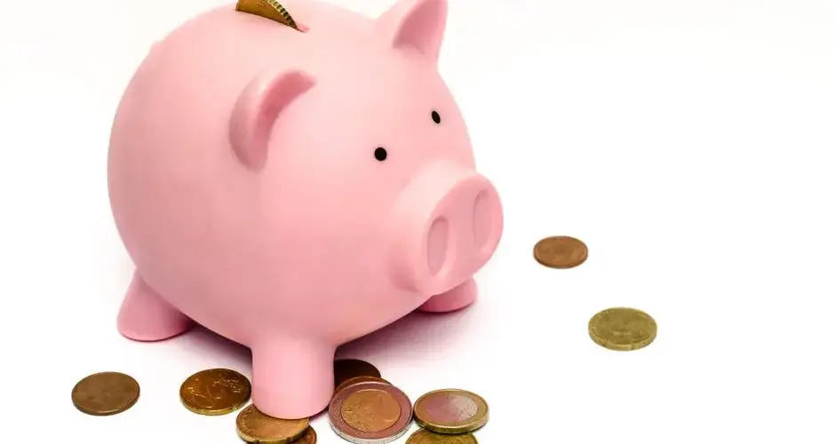 A pink piggy bank surrounded by scattered coins, symbolizing savings and financial investment.