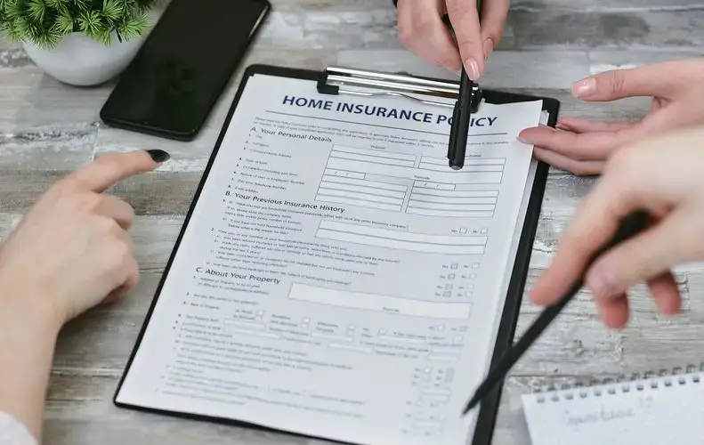 Three individuals collaborating on a home insurance policy document. Elements include a clipboard, notes, and pointing hands.