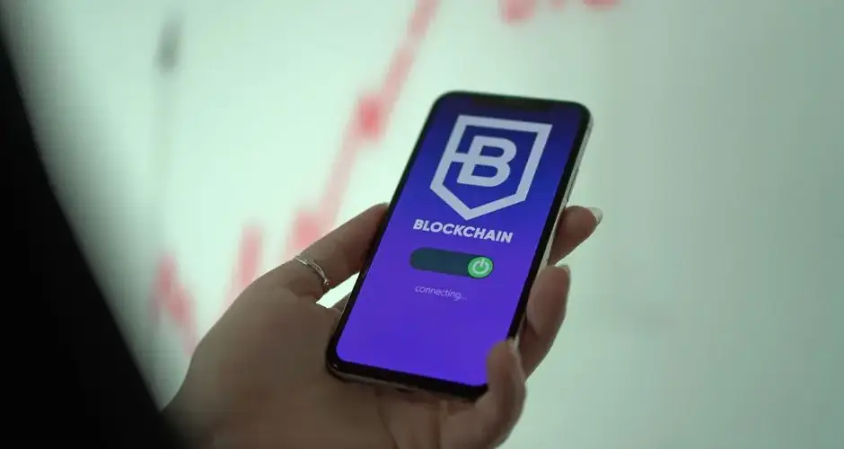 Hand holding smartphone displaying blockchain cryptocurrency wallet.