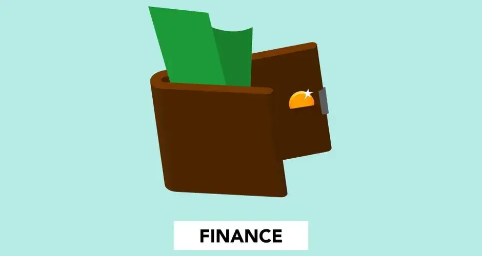 Simple illustration with dollar banknote and coin in wallet above finance inscription on green background