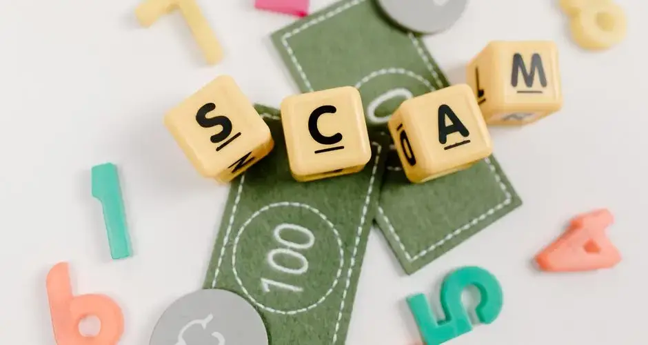 Visual representation of a scam concept using toys, dice, and fake money on a white background.