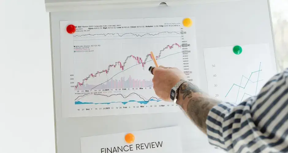 A tattooed person pointing at finance charts and graphs on a whiteboard.