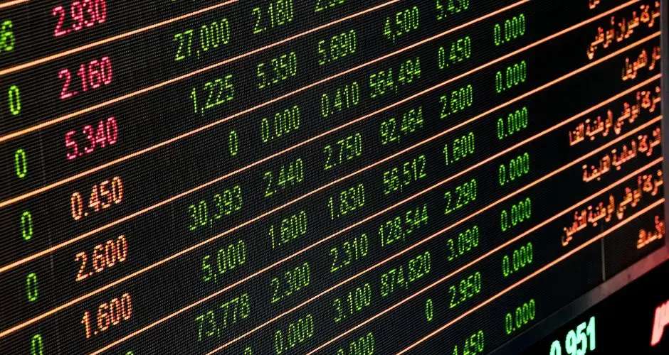 Detailed view of a stock market screen showing numbers and data, symbolizing financial trading.