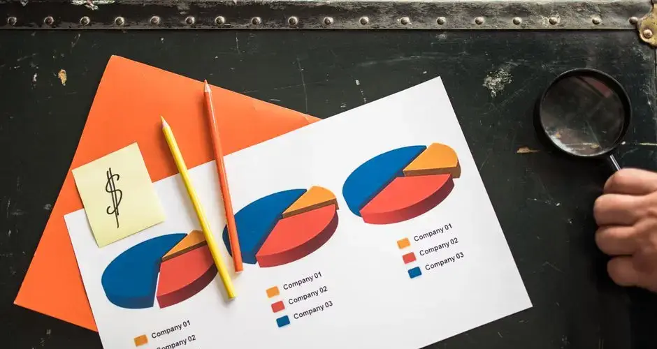 Colorful pie charts on paper with office supplies on a desk, illustrating financial data analysis.