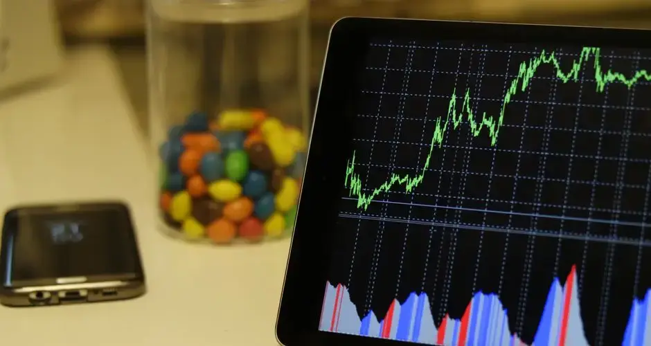 Tablet display of stock market data with smartphone and colorful candies on desk.