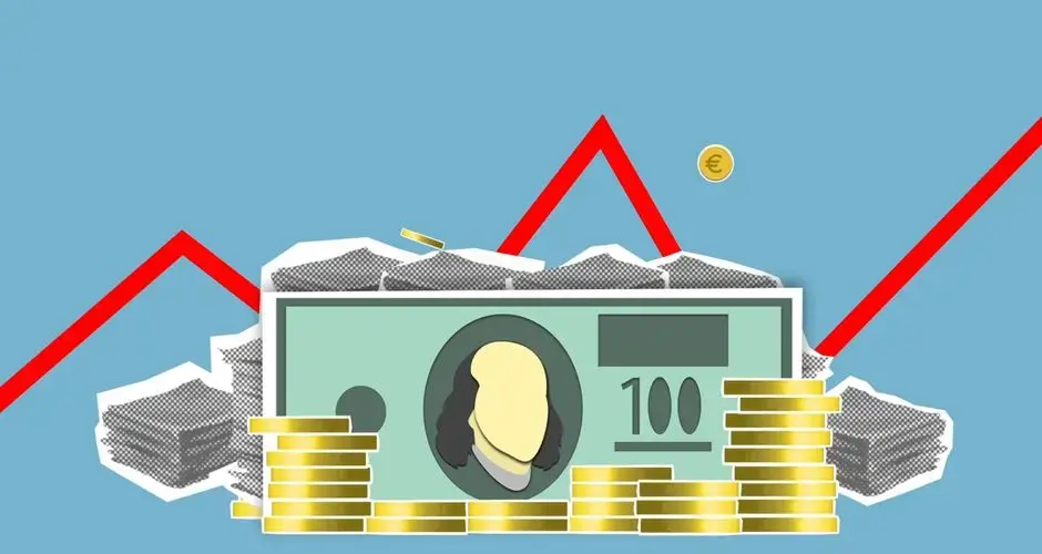 Cutout paper composition of dollar bills between pile of coins and financial stocks with curved diagram