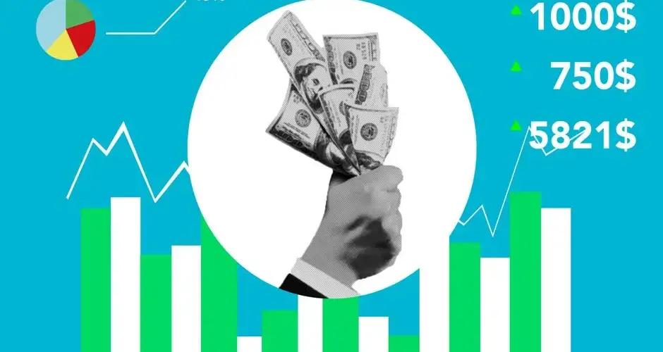 Decorative cardboard appliques representing hand with dollar banknotes and numbers above chart on blue background
