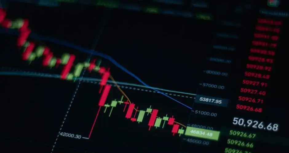 Close-up of stock market chart showing trends and data on a digital screen.