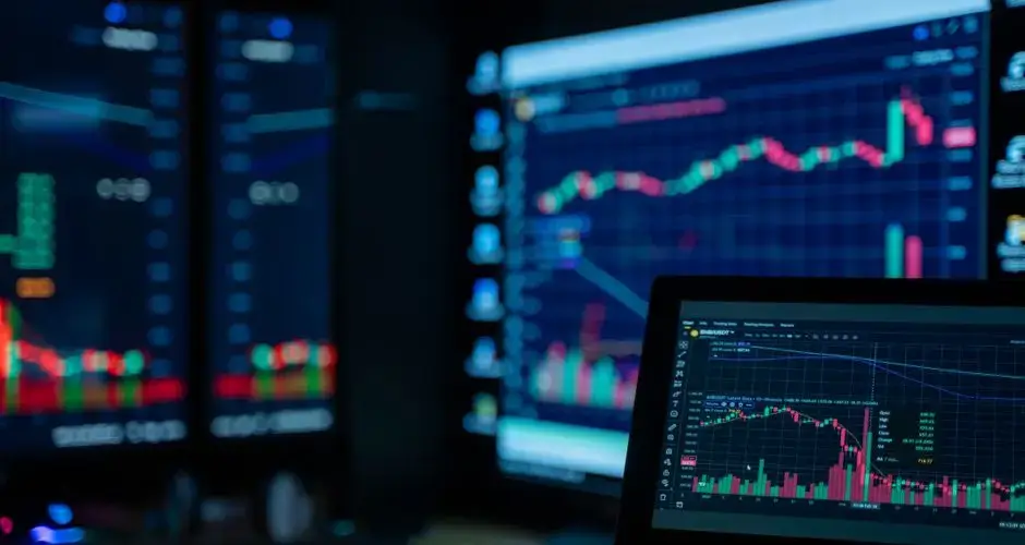 Monitors displaying stock market charts in a dimly lit room, perfect for finance and trading themes.