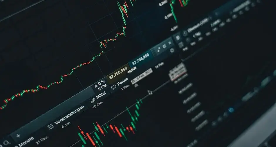 Close-up of stock market trading screen displaying financial growth and charts.