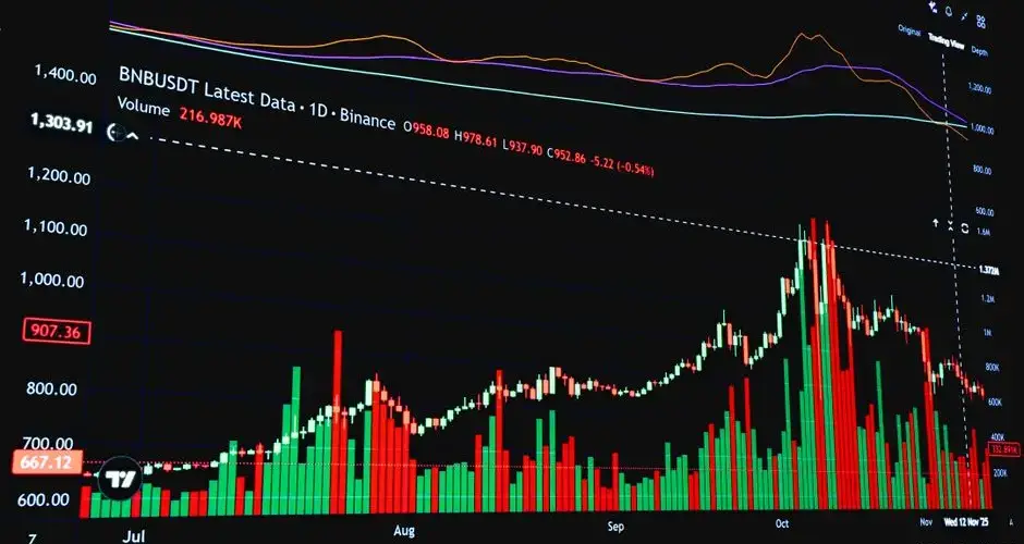 Close-up of a cryptocurrency market graph focusing on BNB price and volume trends over time.
