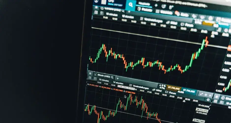 Close-up of a live cryptocurrency trading chart screen displaying dynamic market trends and analysis.