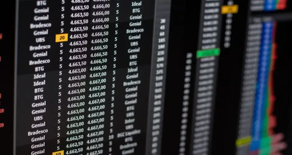 Close-up of financial data on a computer screen showing stock market trends.