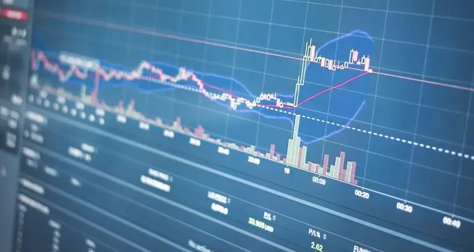 Close-up of a financial graph on a screen showing stock market trading data and trends.