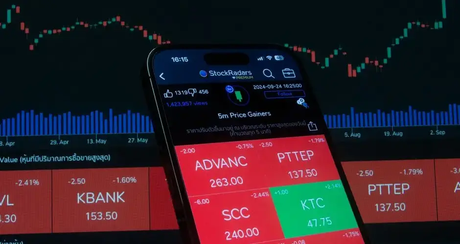 Mobile screen displaying stock market analysis with financial charts in the background.
