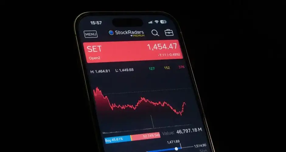 Close-up of a smartphone showing a stock market chart with financial data and analytics.