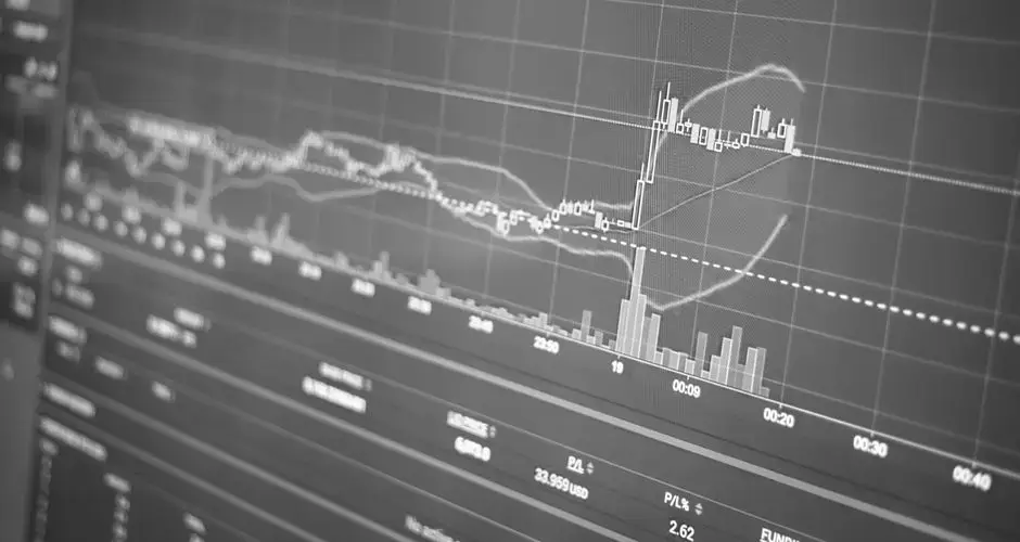 Black and white display of financial chart with data and statistics for trading analysis.