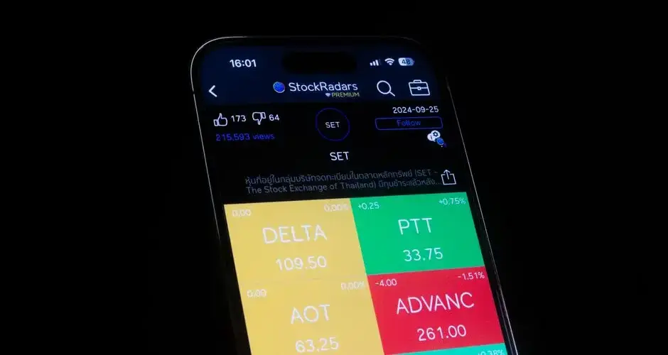 Close-up of a smartphone showing stock market data on a financial app screen.