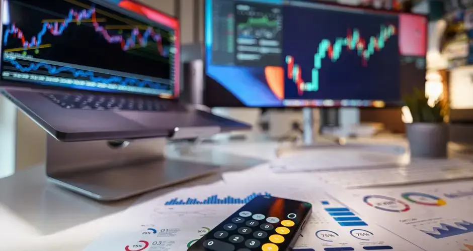 Modern workspace showcasing financial analysis with digital charts and reports.