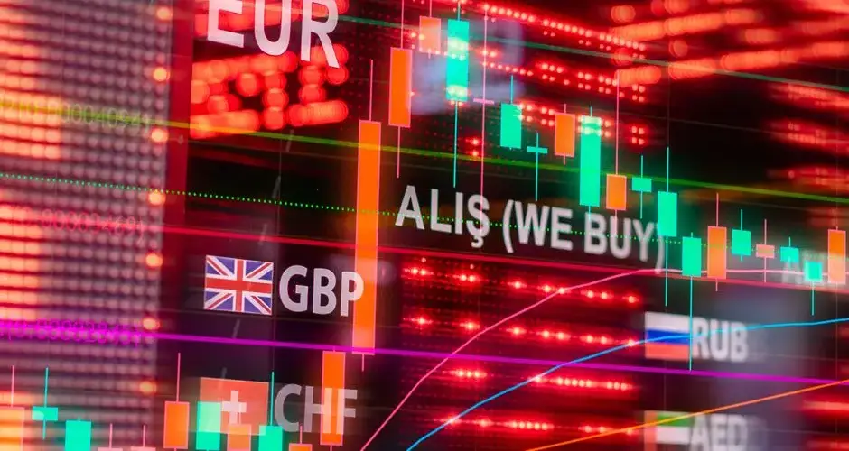 Dynamic forex trading concept with currency symbols and candlestick chart illuminated on screen.