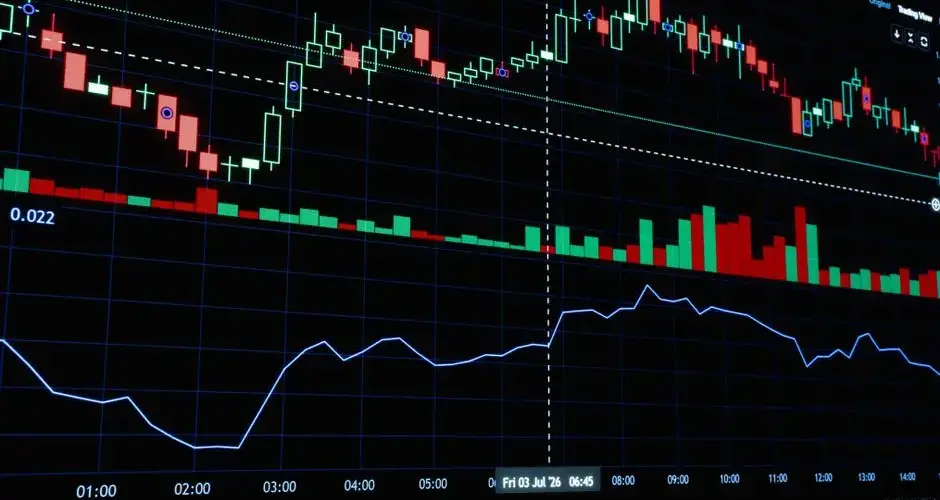 Close-up of stock market candlestick chart showcasing financial data trends.