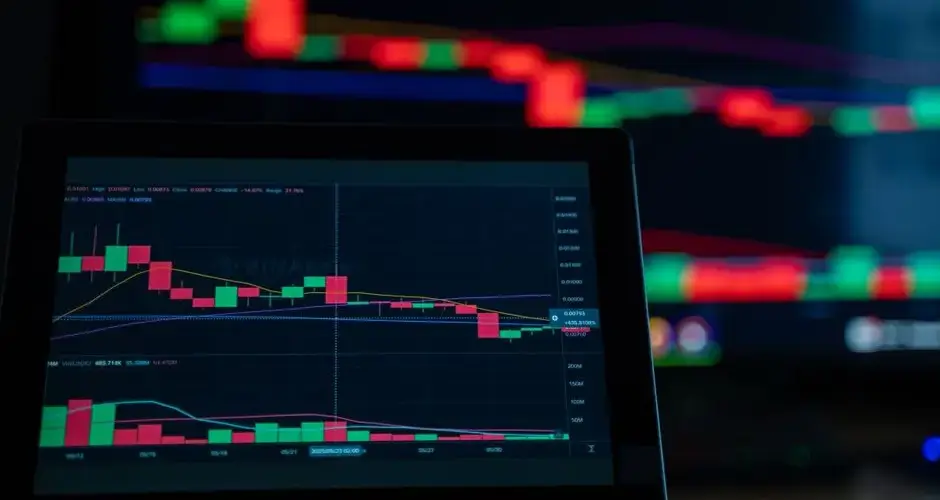 A close-up view of cryptocurrency trading charts showing a bearish trend in a digital market on a computer screen.