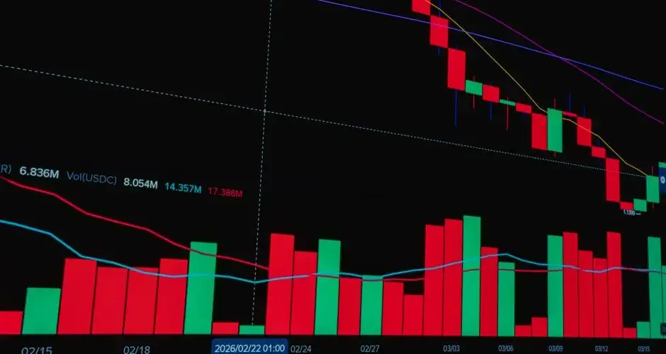 Stock market candlestick chart showing financial data trends with red and green bars.