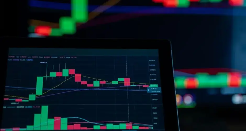 Close-up of a digital trading chart with candlestick patterns and market analysis in a dark setting.