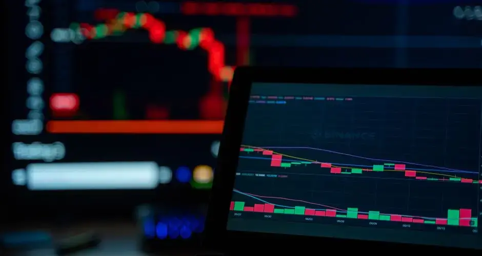 A dimly lit desk setup displaying cryptocurrency trading charts on multiple screens.