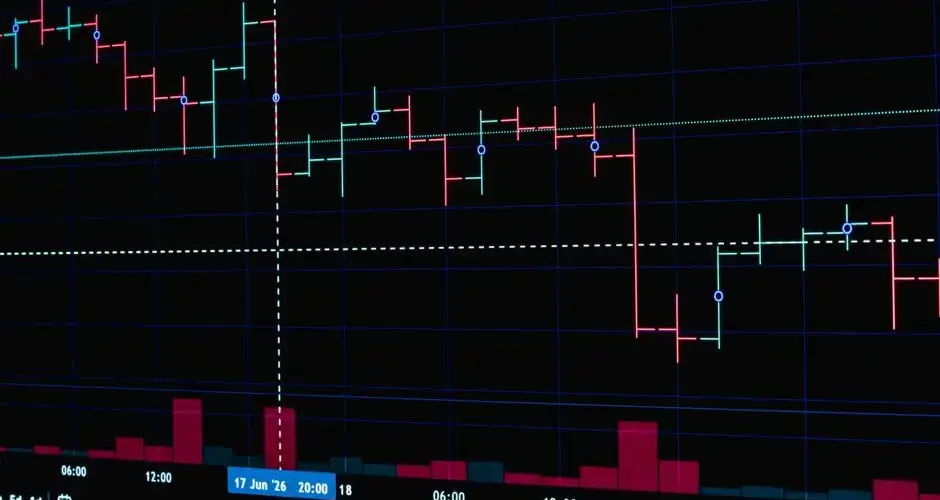 Detailed view of a financial chart displaying a bearish trend with red and green candlesticks.