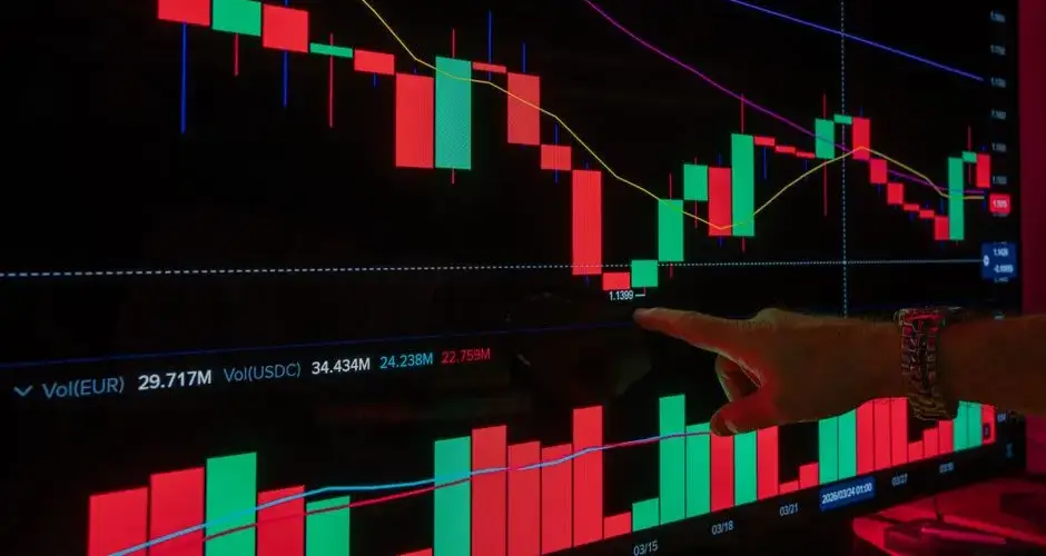 Analyzing financial market trends with a candlestick chart on a digital screen.
