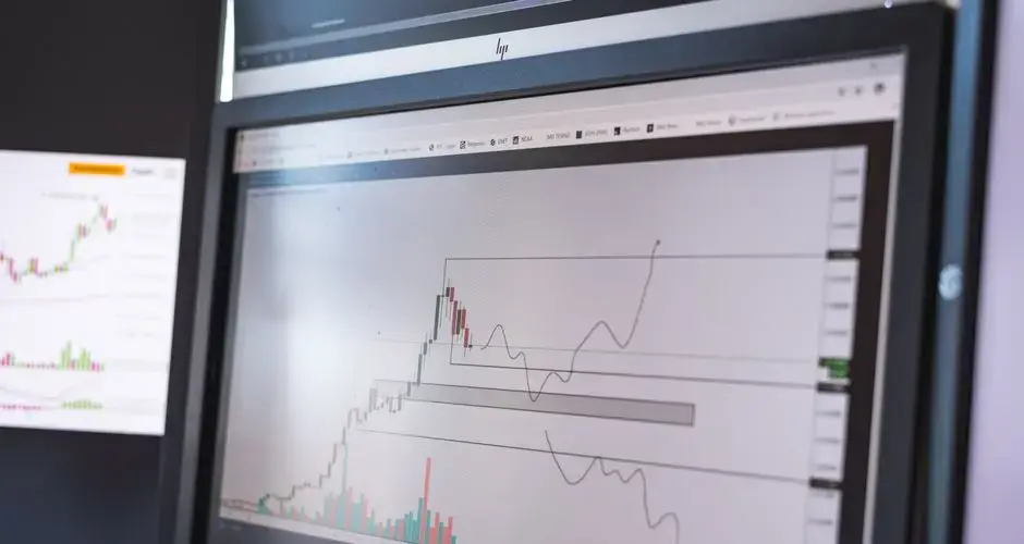 Close-up of stock market analysis charts on a monitor, showcasing market trends.