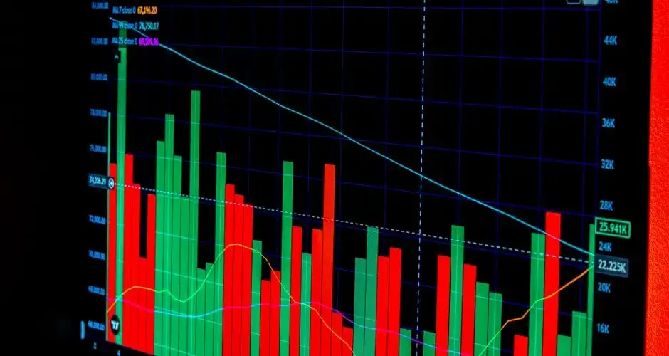 Close-up of a digital Bitcoin trading chart showing price fluctuations.
