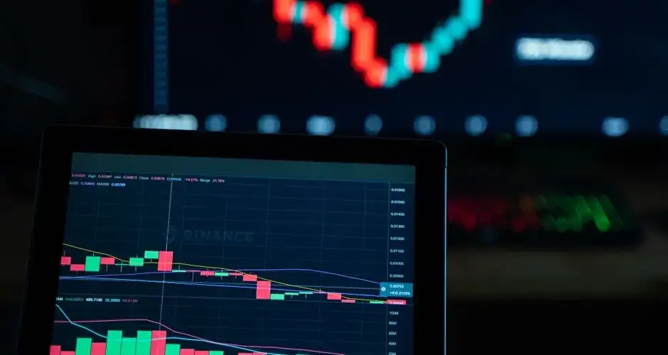 Detailed view of cryptocurrency trading charts on digital screens, showcasing market fluctuations.