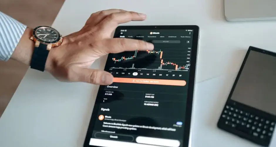 A person analyzing cryptocurrency market trends on a tablet device displaying digital charts.