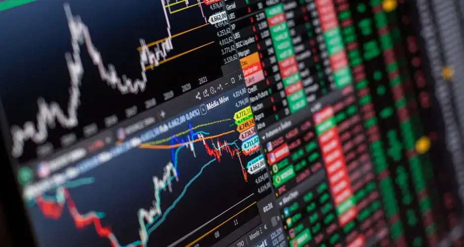 Detailed view of stock market charts and data on a monitor, showcasing market trends.
