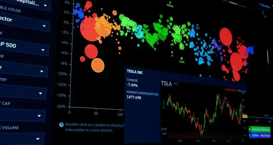 Colorful data visualization of stock market trends with financial charts.